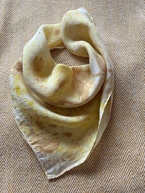 Hand-Dyed Small Yellow Botanical Print Silk Scarf